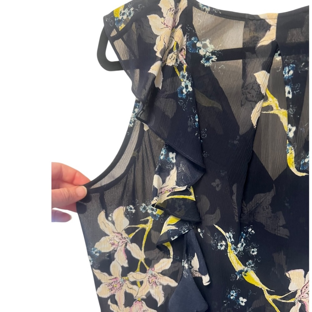 PAIGE Silk Ruffle Blouse Rich Navy Blue, Medium, Sketched Orchid Floral Top - Picture 6 of 13